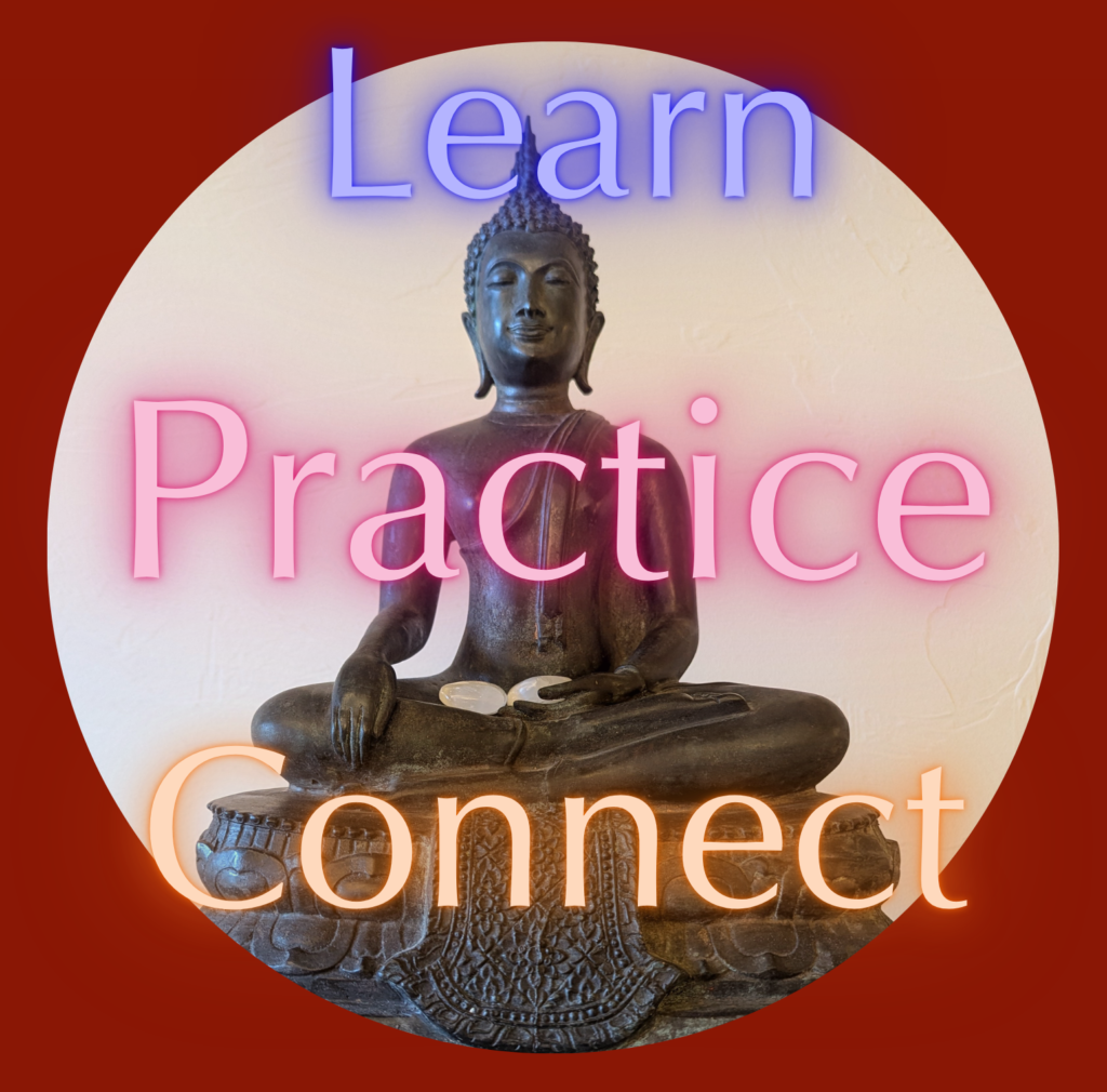 Buddha overlaid with learn practice connect text
