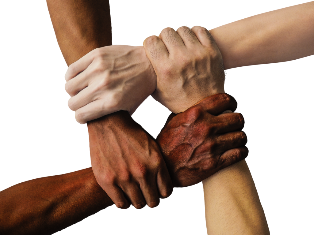 Four people of different ethnic backgrounds clasp each others' wrists